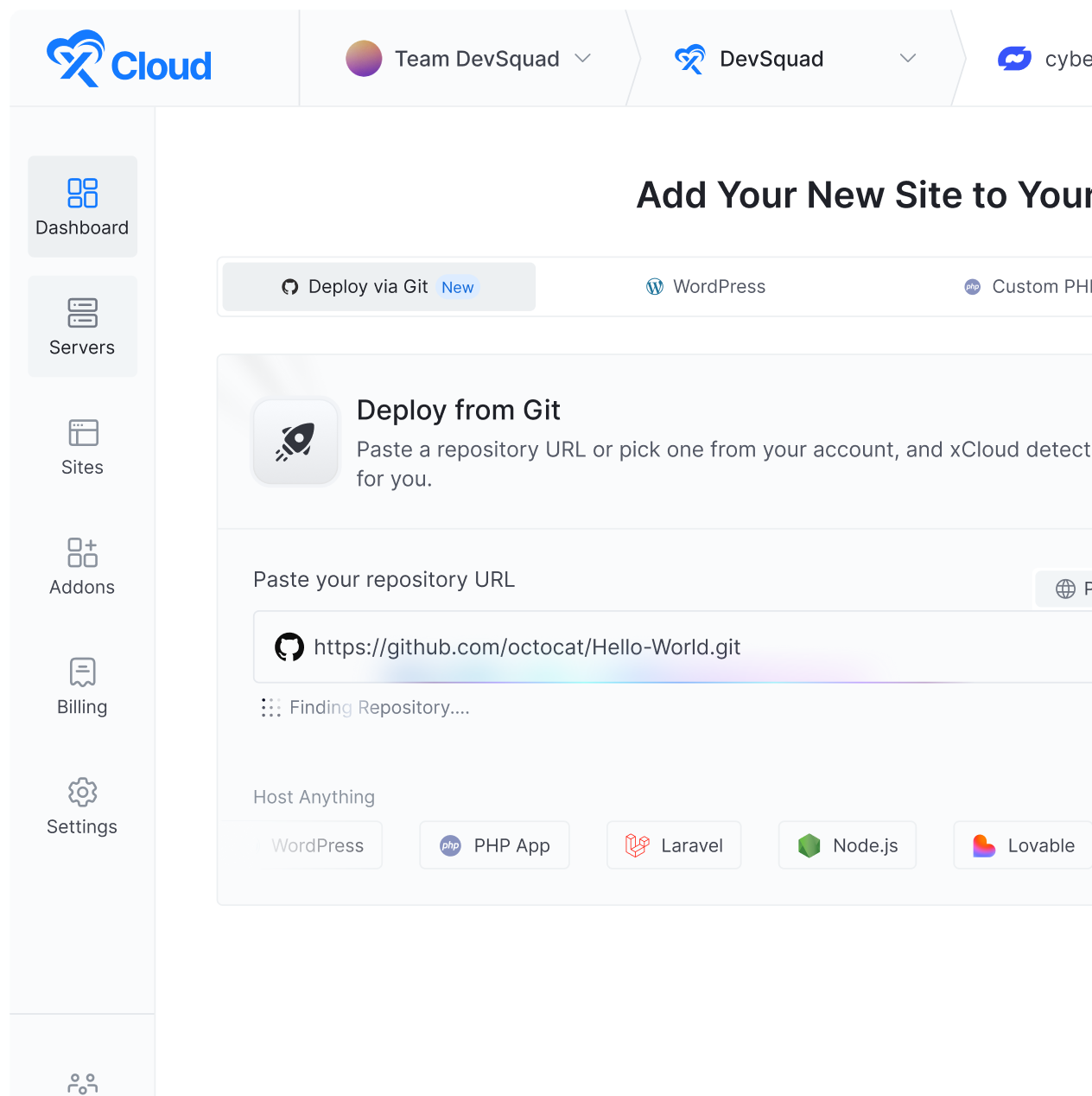 xCloud dashboard showing the Deploy via Git setup — connect a GitHub
repository or pick a stack, and xCloud builds and deploys it.